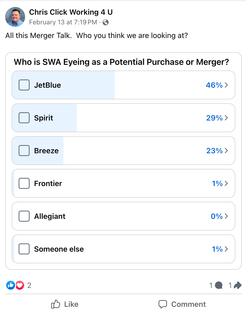 Poll by Chris Click that ignited Southwest Airlines merger buzz